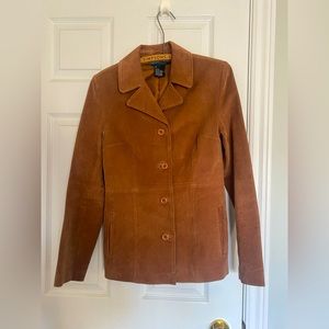 Vintage button up brown suede leather jacket by Le Chateau size medium